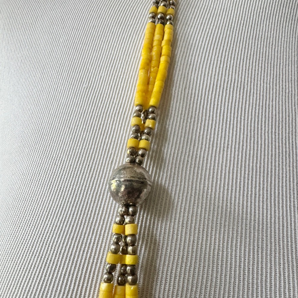 Vintage 1970s Yellow & Silver Beaded Statement Necklace Long Festival Boho - Picture 5 of 9